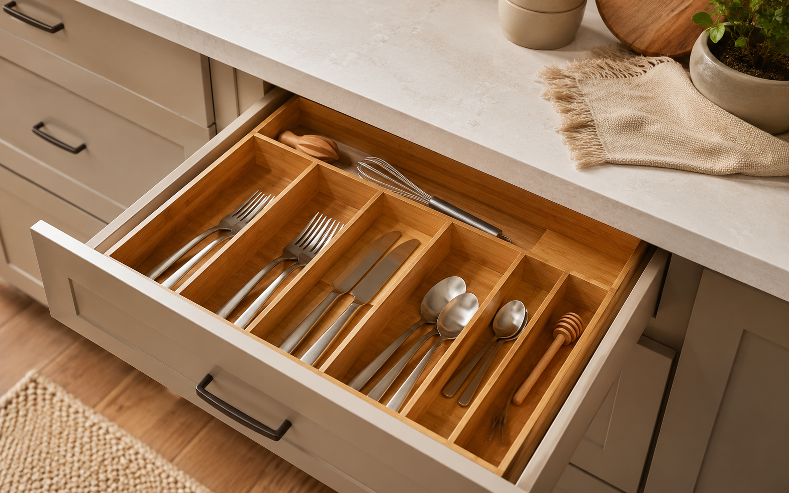 Cajón de cocina ordenado con organizador de cubiertos de bambú